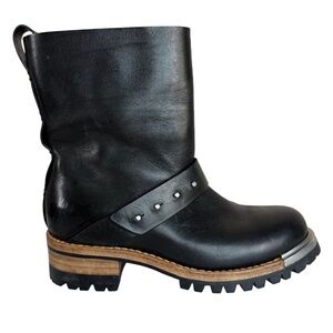 FEIT Black Leather Moto Boots Studded Vibram Sole Size 38